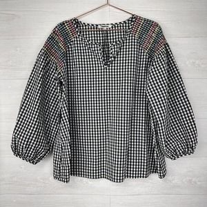 Madewell Smocked Gingham Tunic Top Women XL Black White Long Sleeve Embroidered